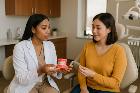A female dentist in a white coat explains the differences between traditional metal braces and a clear aligner to a smiling female patient in a mustard sweater.