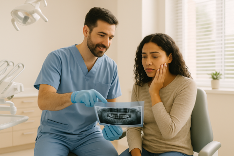 A friendly male dentist in light blue scrubs shows a dental Xray to a concerned young woman seated in a bright modern dental office