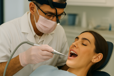 A middle-aged male dentist in a white coat and magnifying headlamp carefully points a dental tool inside the open mouth of a young female patient 