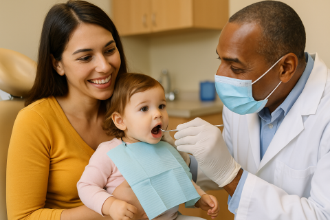 A mother with long dark hair wearing a yellow top  holds her toddler daughter during the child's first dental checkup