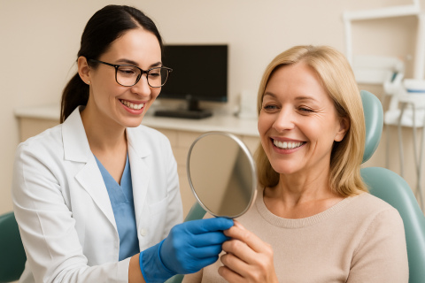 A smiling female dentist in a white coat and blue scrubs holds a handheld mirror while showing it to a cheerful female patient sitting in a dental chair