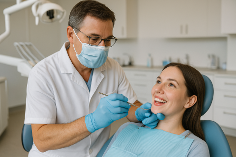 Male dentist wearing a face mask gloves, and glasses examines a smiling female patient seated in a dental chair. 
