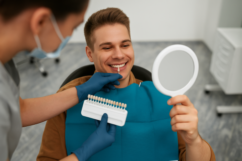 The image shows a dentist fitting a set of dental veneers or shades to a smiling patient, who is holding a mirror to examine his teeth.
